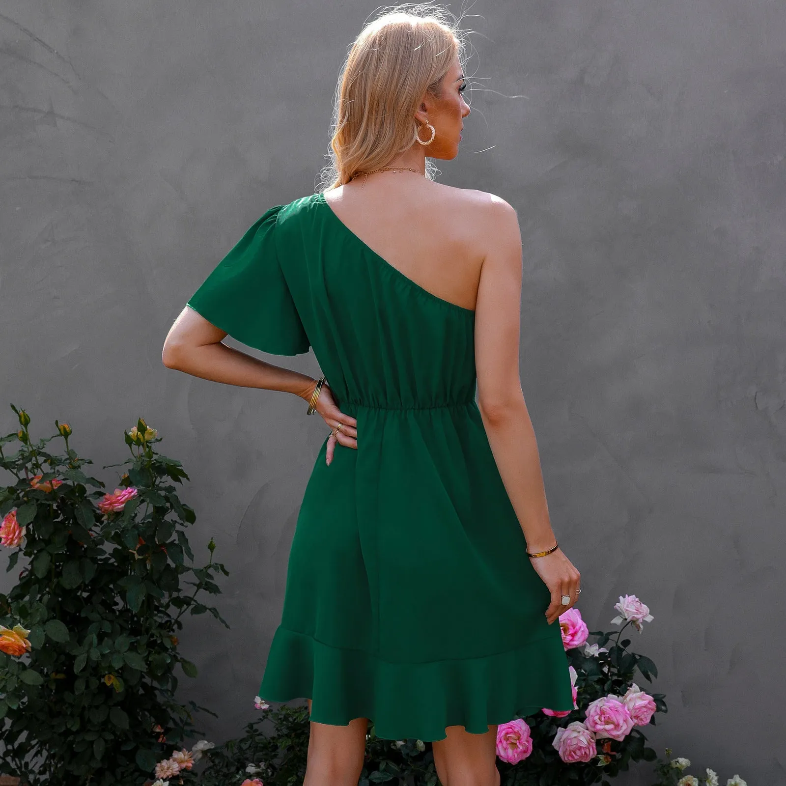 Kaine Satin One Shoulder Ruffle Dress - Hunter Green - FINAL SALE