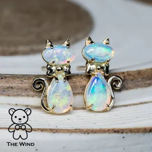 Kitty Cat Australian Solid Opal Stud Earrings 14k Yellow Gold