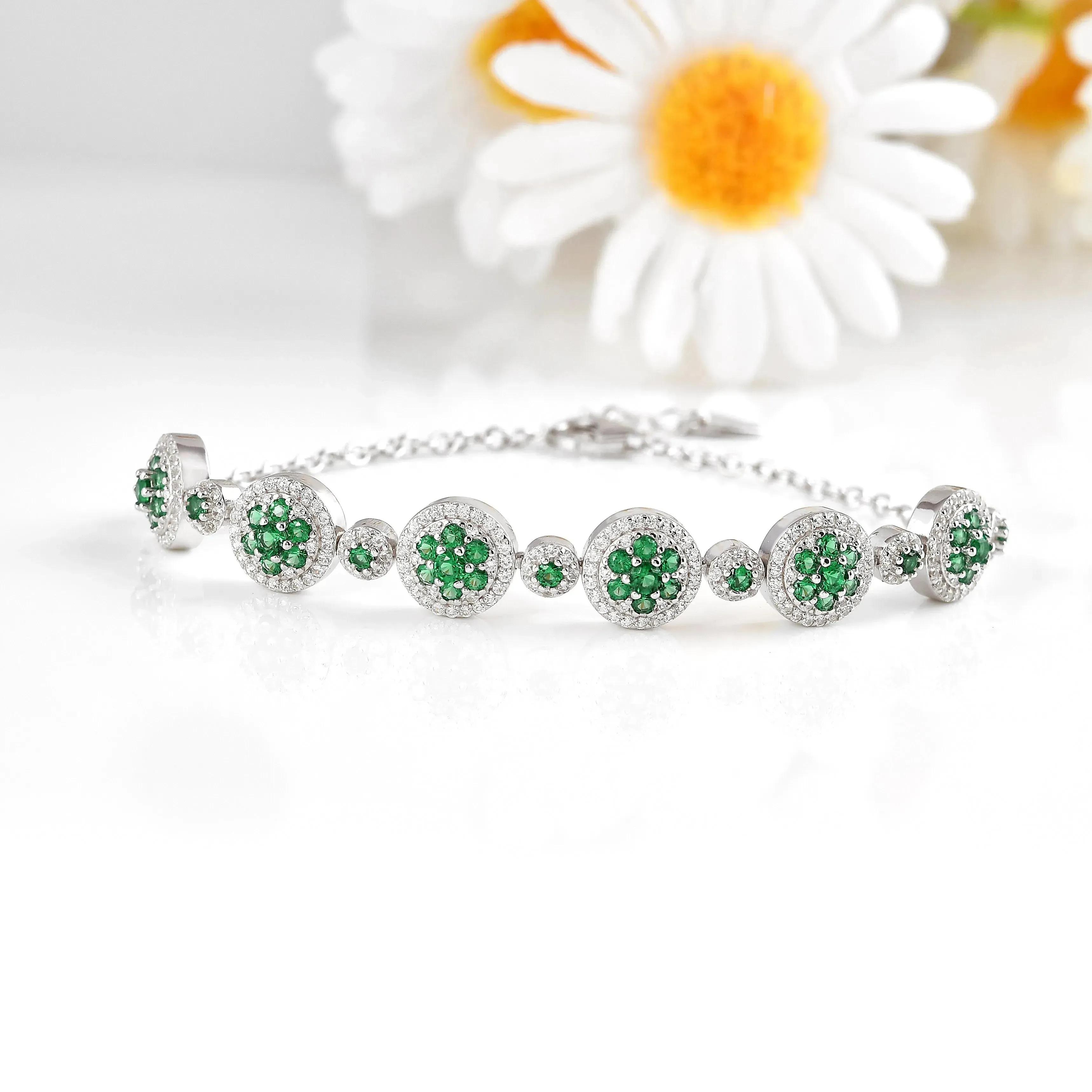 Lab Grown Emerald  White Halo Bracelet