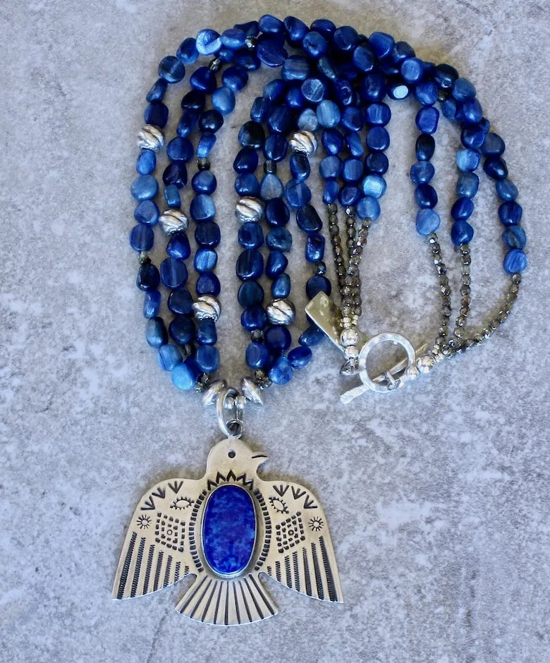 Lapis and Sterling Silver Thunderbird Pendant with 3 Strands of Blue Kyanite Nuggets, Fire Polished Glass and Sterling Silver