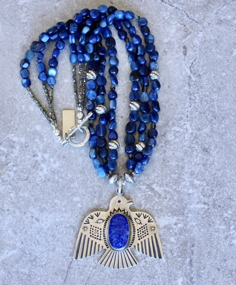 Lapis and Sterling Silver Thunderbird Pendant with 3 Strands of Blue Kyanite Nuggets, Fire Polished Glass and Sterling Silver