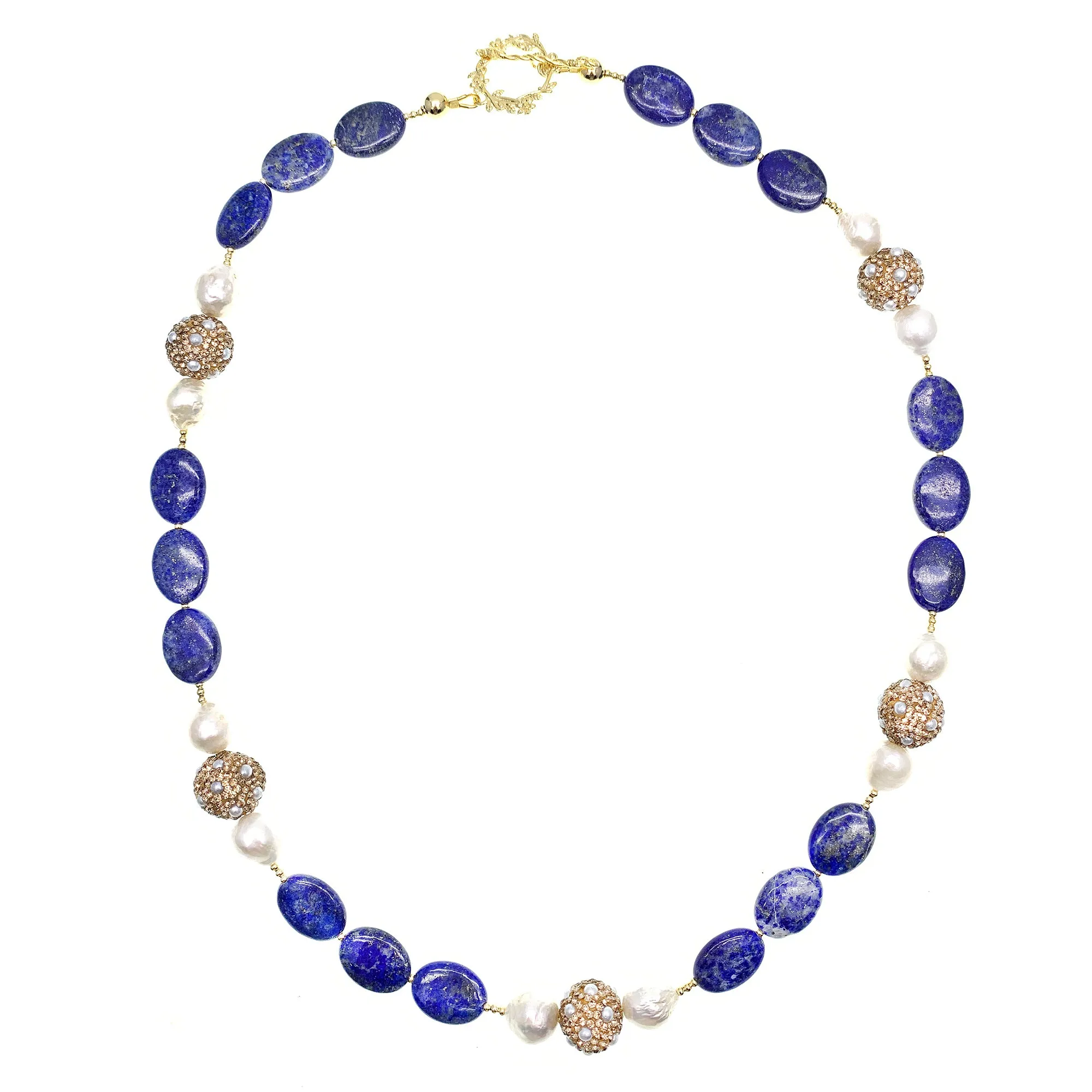 Lapis With Freshwater Pearl With Rhinestone Necklace GN017