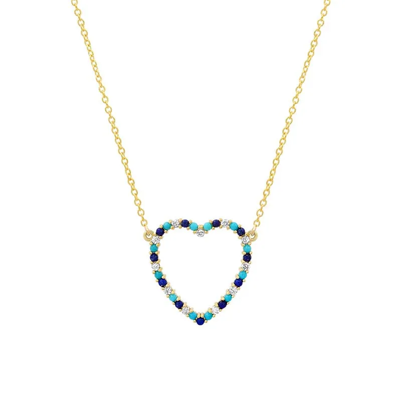 Large Diamond, Turquoise and Lapis Open Heart Necklace