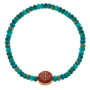 Large Money Seal Enameled Disk on Turquoise Beaded Bracelet