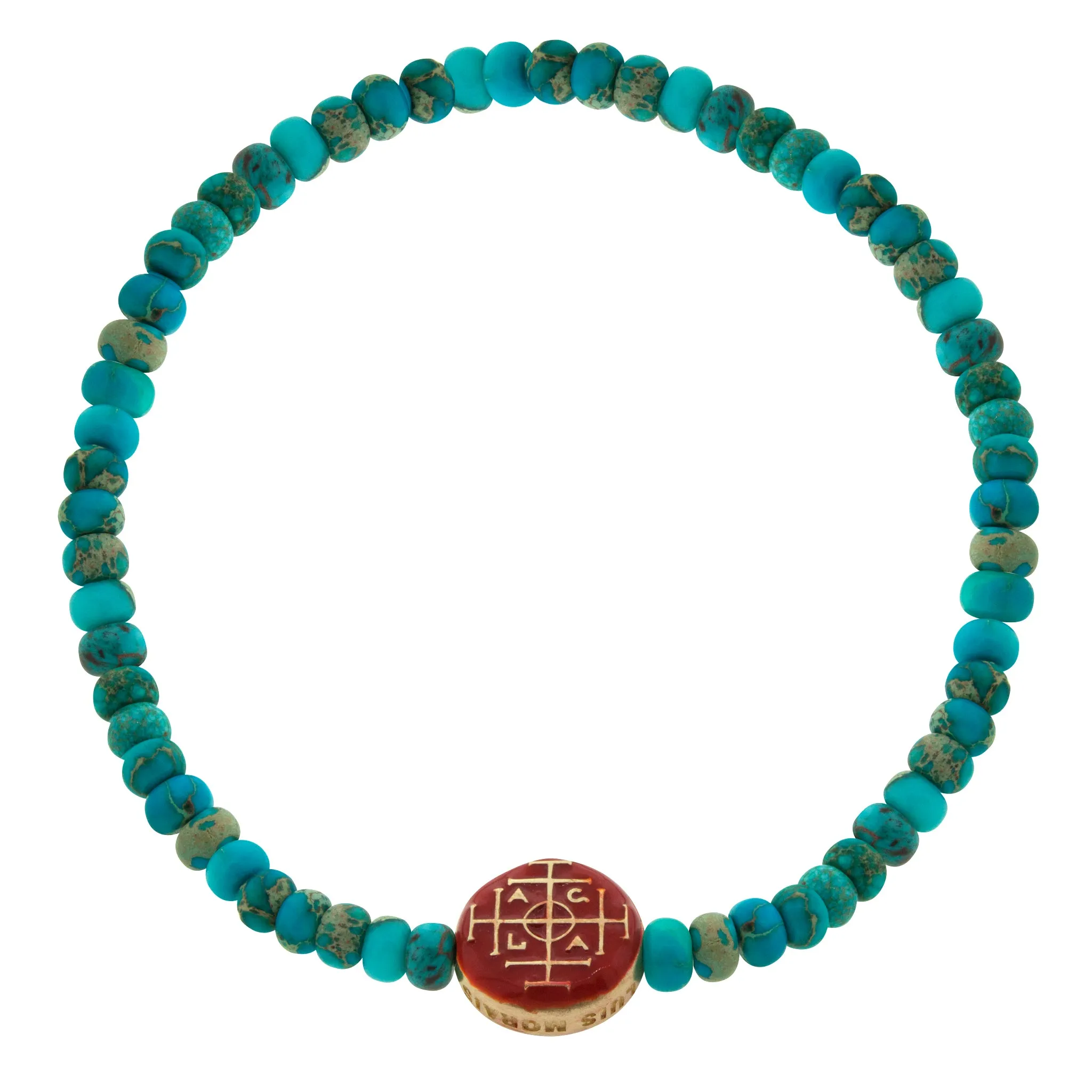 Large Money Seal Enameled Disk on Turquoise Beaded Bracelet