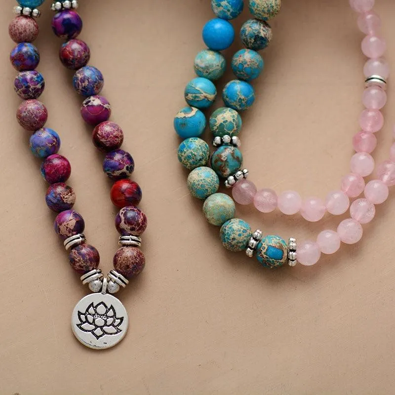 'Lotus Charm' Jasper & Rose Quartz 108 Mala Beads