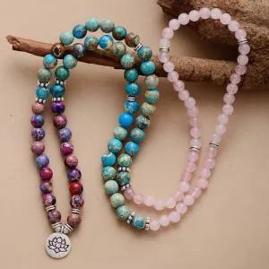 'Lotus Charm' Jasper & Rose Quartz 108 Mala Beads