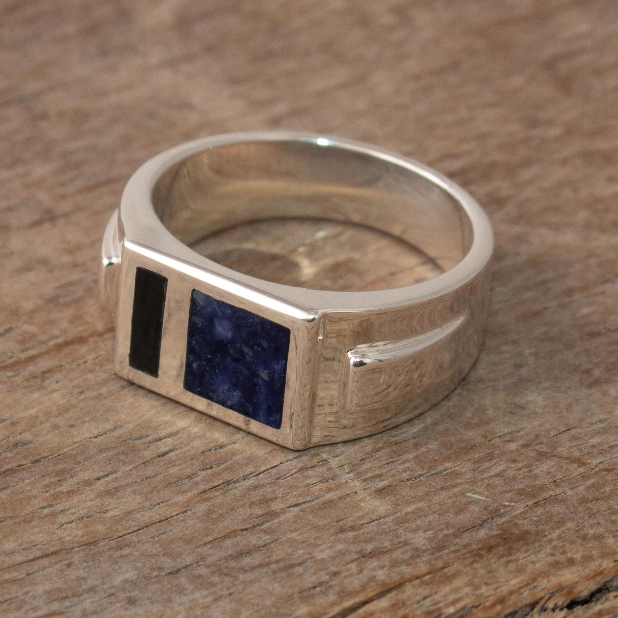 Men's Signet Ring with Sodalite and Obsidian - Window on the World | NOVICA