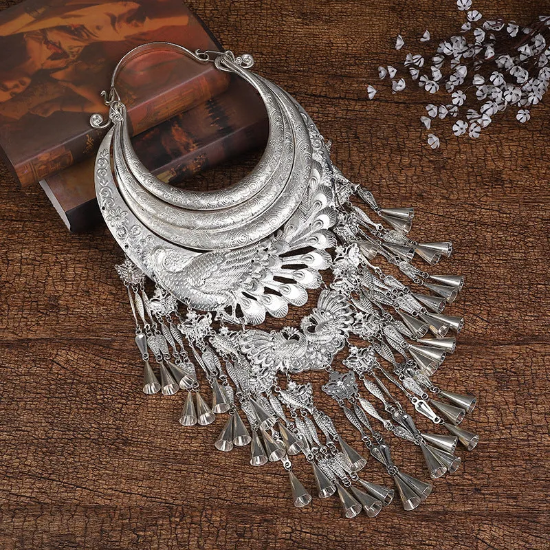 Miao Silver Collar Necklace Peacock Tassel Designs Festival Jewellry Accessories