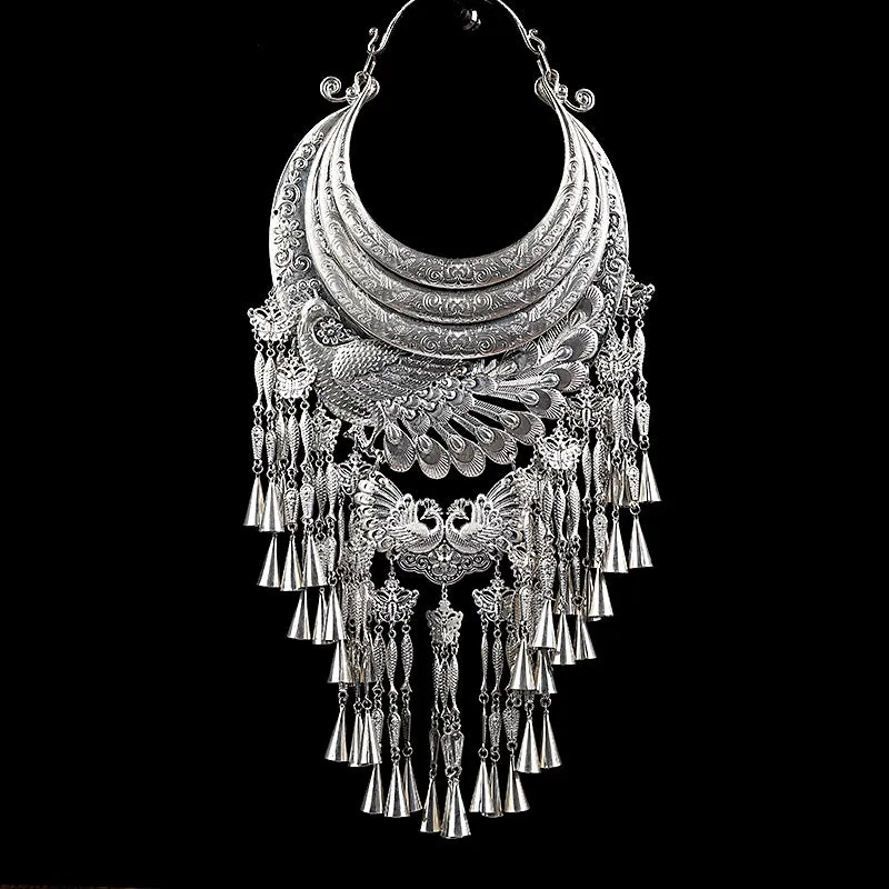 Miao Silver Collar Necklace Peacock Tassel Designs Festival Jewellry Accessories