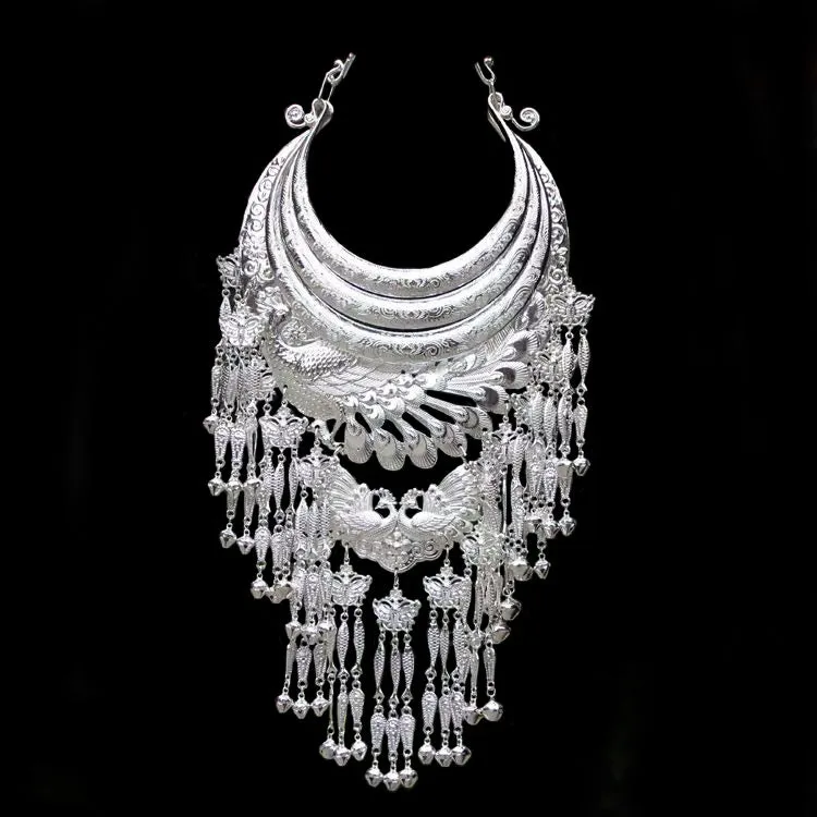 Miao Silver Collar Necklace Peacock Tassel Designs Festival Jewellry Accessories