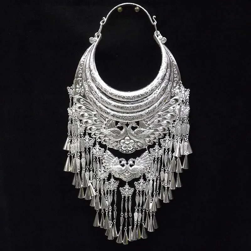 Miao Silver Collar Necklace Peacock Tassel Designs Festival Jewellry Accessories