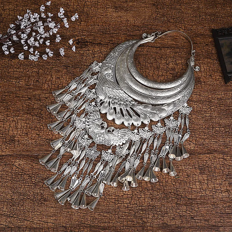 Miao Silver Collar Necklace Peacock Tassel Designs Festival Jewellry Accessories