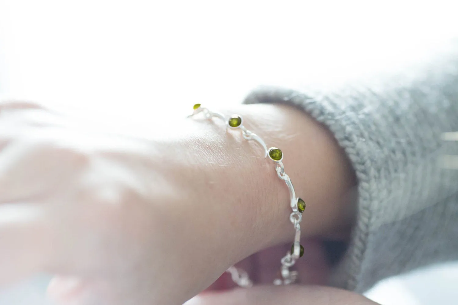 Minimal Green Amber Bracelet - Elegant Sterling Silver Design | Perfect Addition to Any Jewelry Collection