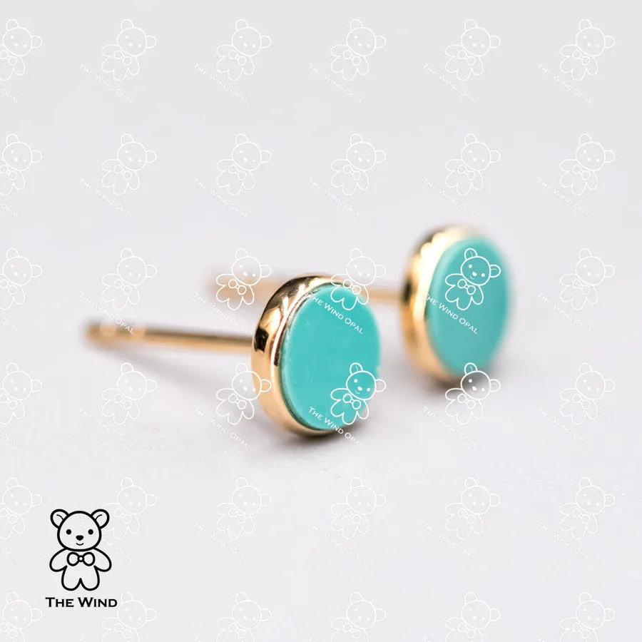 Minimalist Round Shaped Turquoise Stud Earrings 18K Yellow Gold