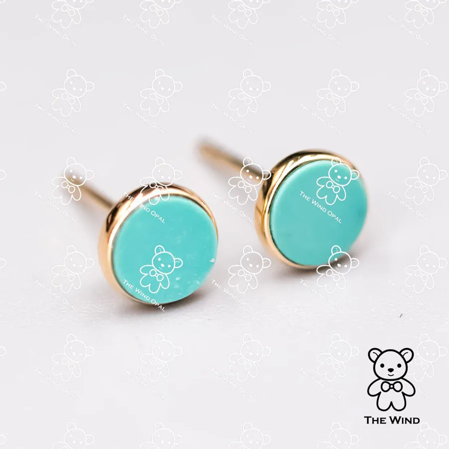 Minimalist Round Shaped Turquoise Stud Earrings 18K Yellow Gold