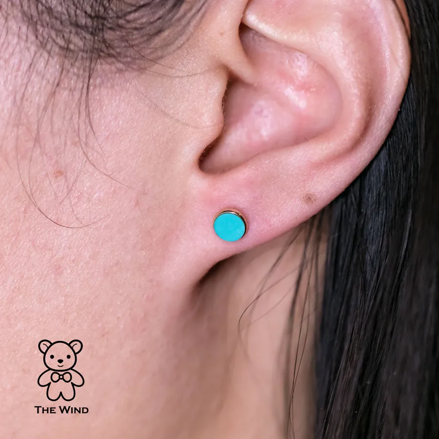 Minimalist Round Shaped Turquoise Stud Earrings 18K Yellow Gold