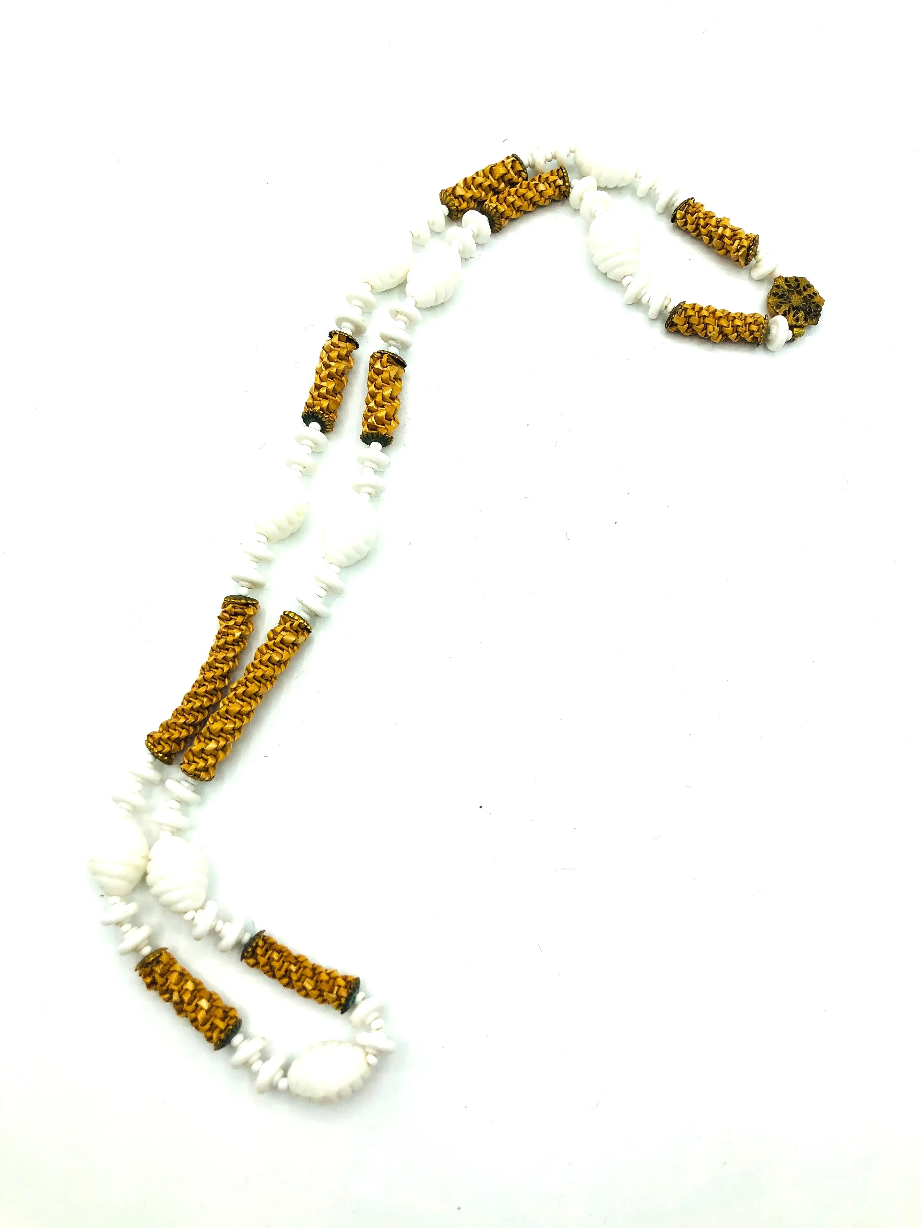 Miriam Haskell Unusual Milk Glass and Raffia Necklace and Bracelet