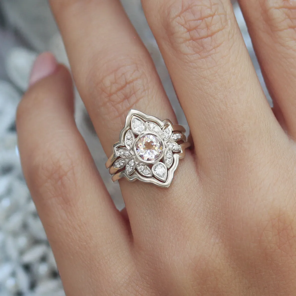 Morganite & Diamonds Flower Engagement Ring with Matching Solid Gold Ring Guard Lily #5 ♥