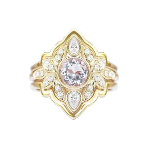 Morganite & Diamonds Flower Engagement Ring with Matching Solid Gold Ring Guard Lily #5 ♥