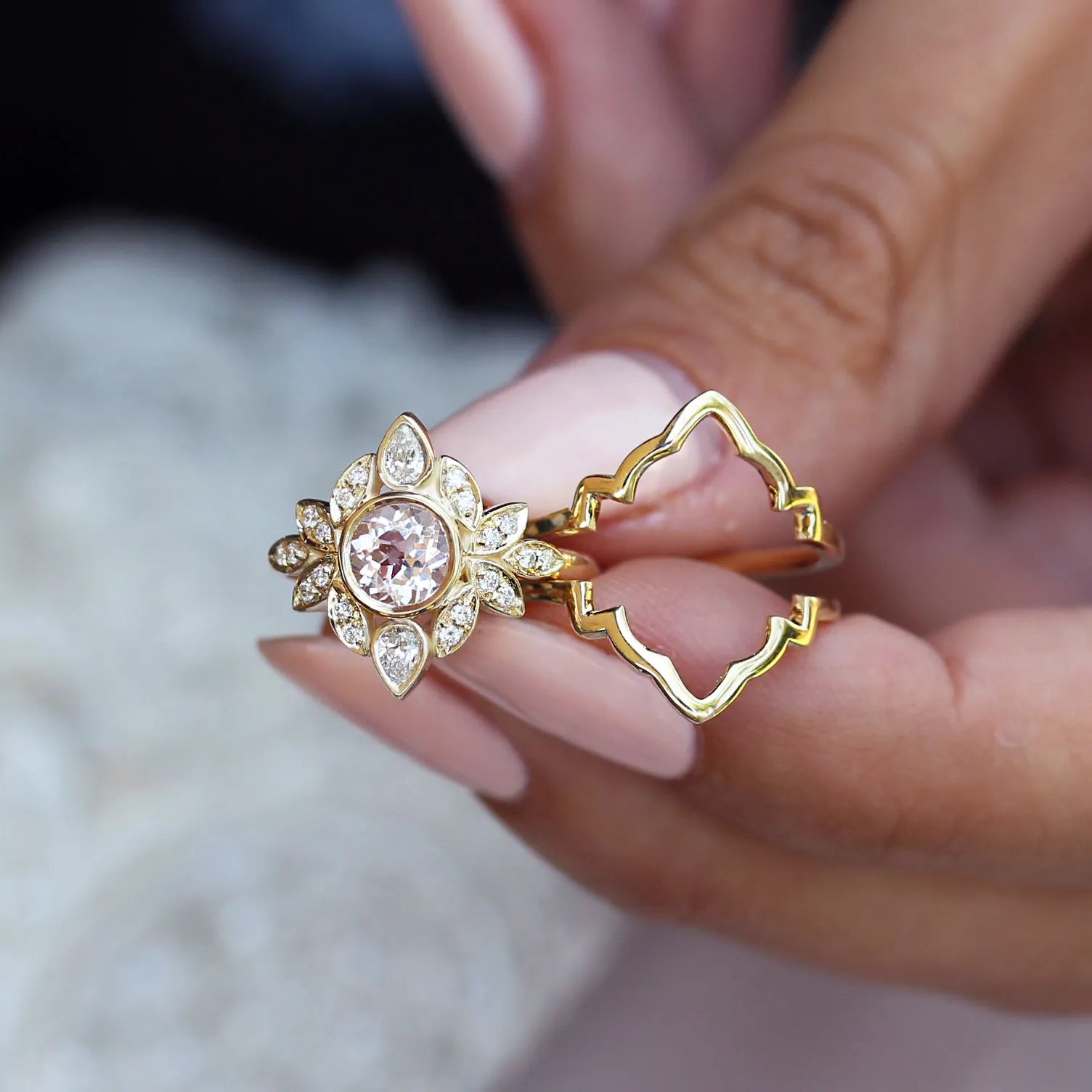 Morganite & Diamonds Flower Engagement Ring with Matching Solid Gold Ring Guard Lily #5 ♥