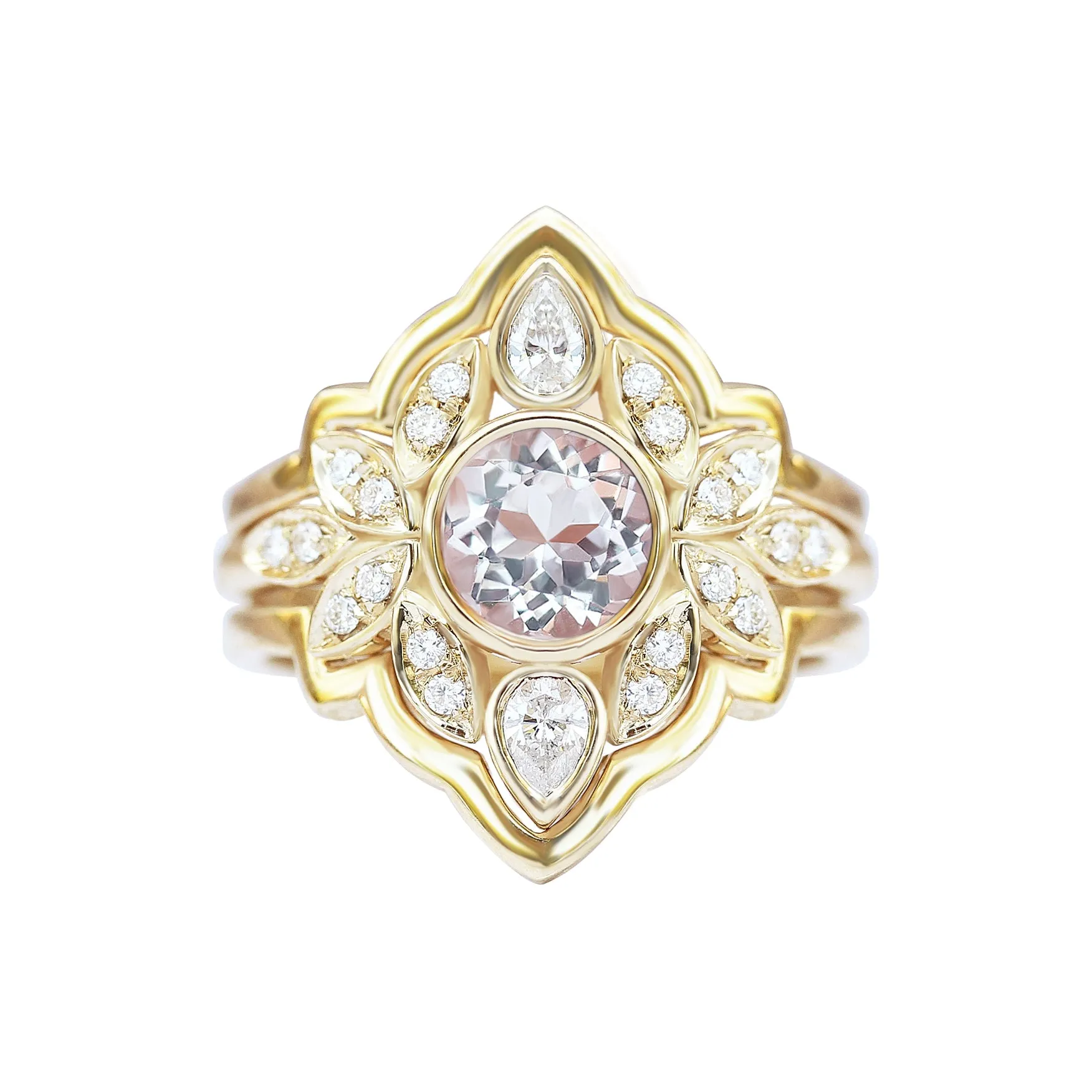 Morganite & Diamonds Flower Engagement Ring with Matching Solid Gold Ring Guard Lily #5 ♥