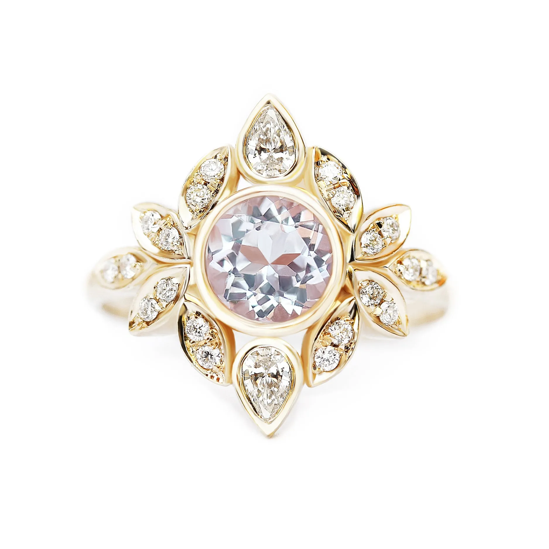 Morganite & Diamonds Flower Engagement Ring with Matching Solid Gold Ring Guard Lily #5 ♥