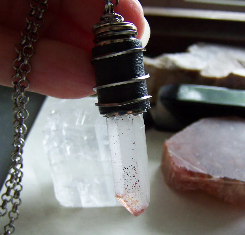 Natural Blood Crystal Lepidochrosite Quartz Leather Bullet Pendant