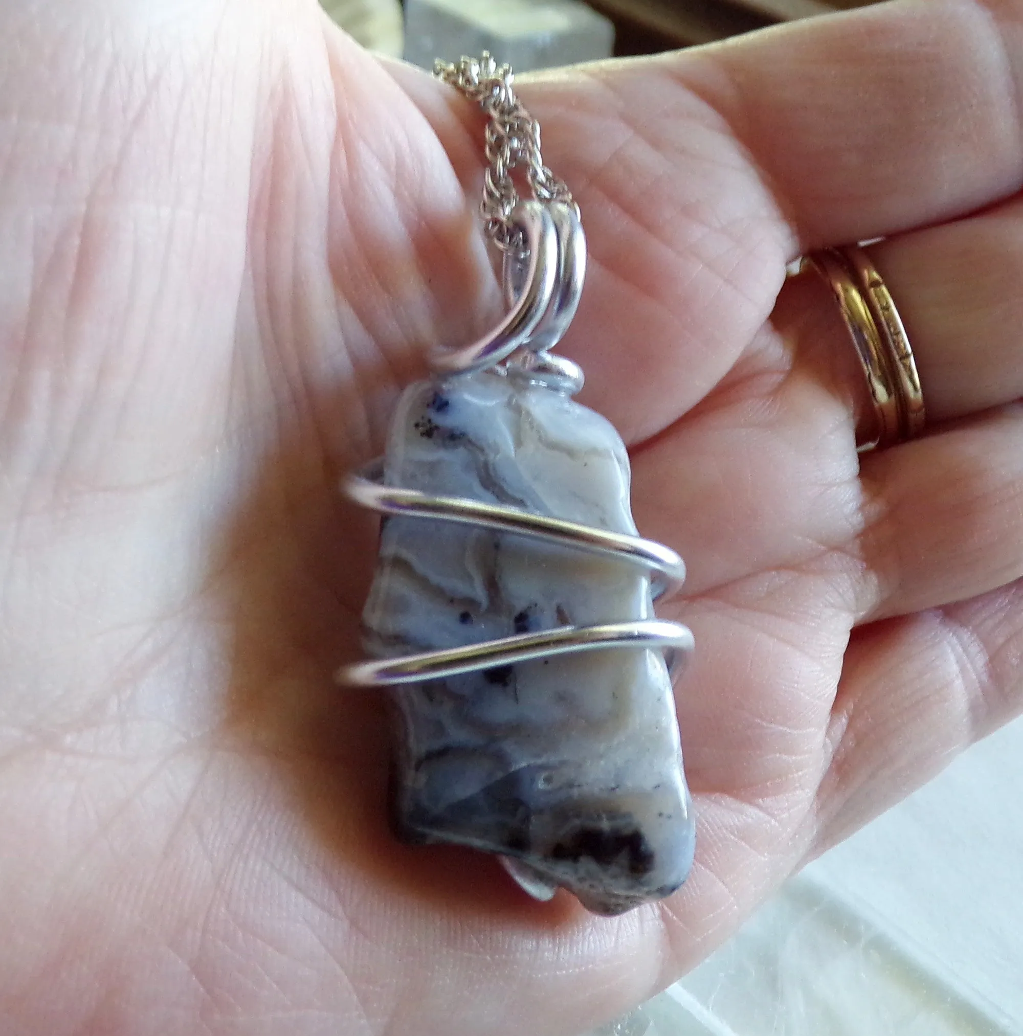 Natural Lace Agate Chalcedony Wire Wrapped Pendant Necklace