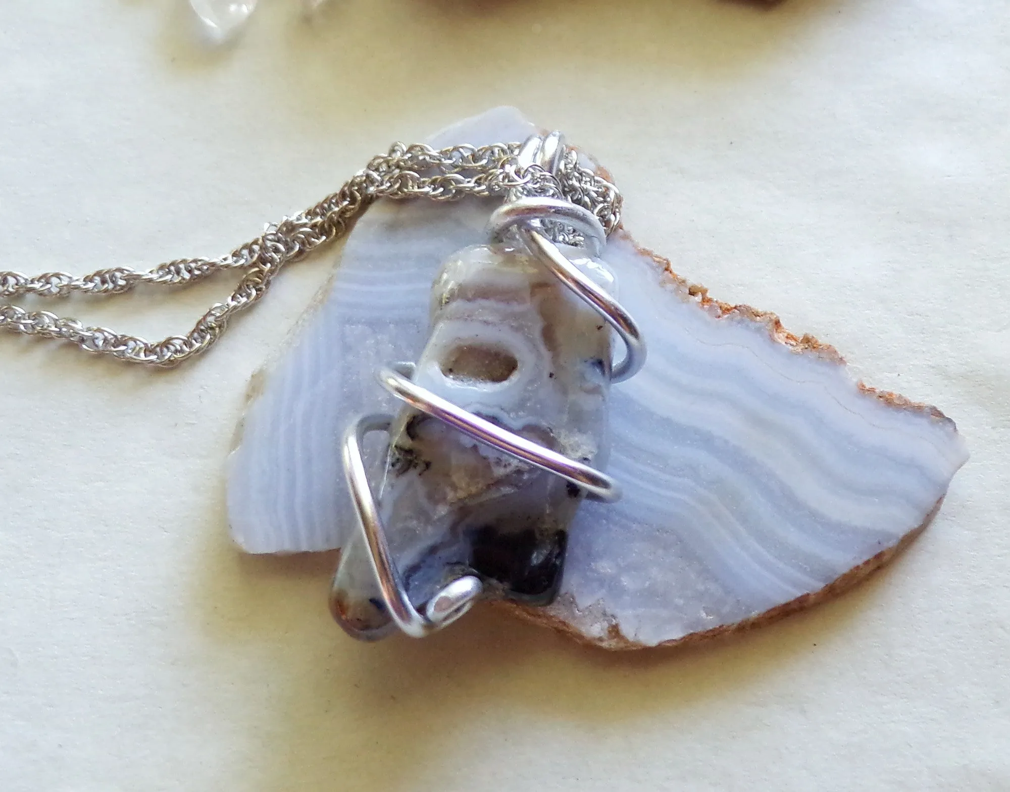 Natural Lace Agate Chalcedony Wire Wrapped Pendant Necklace