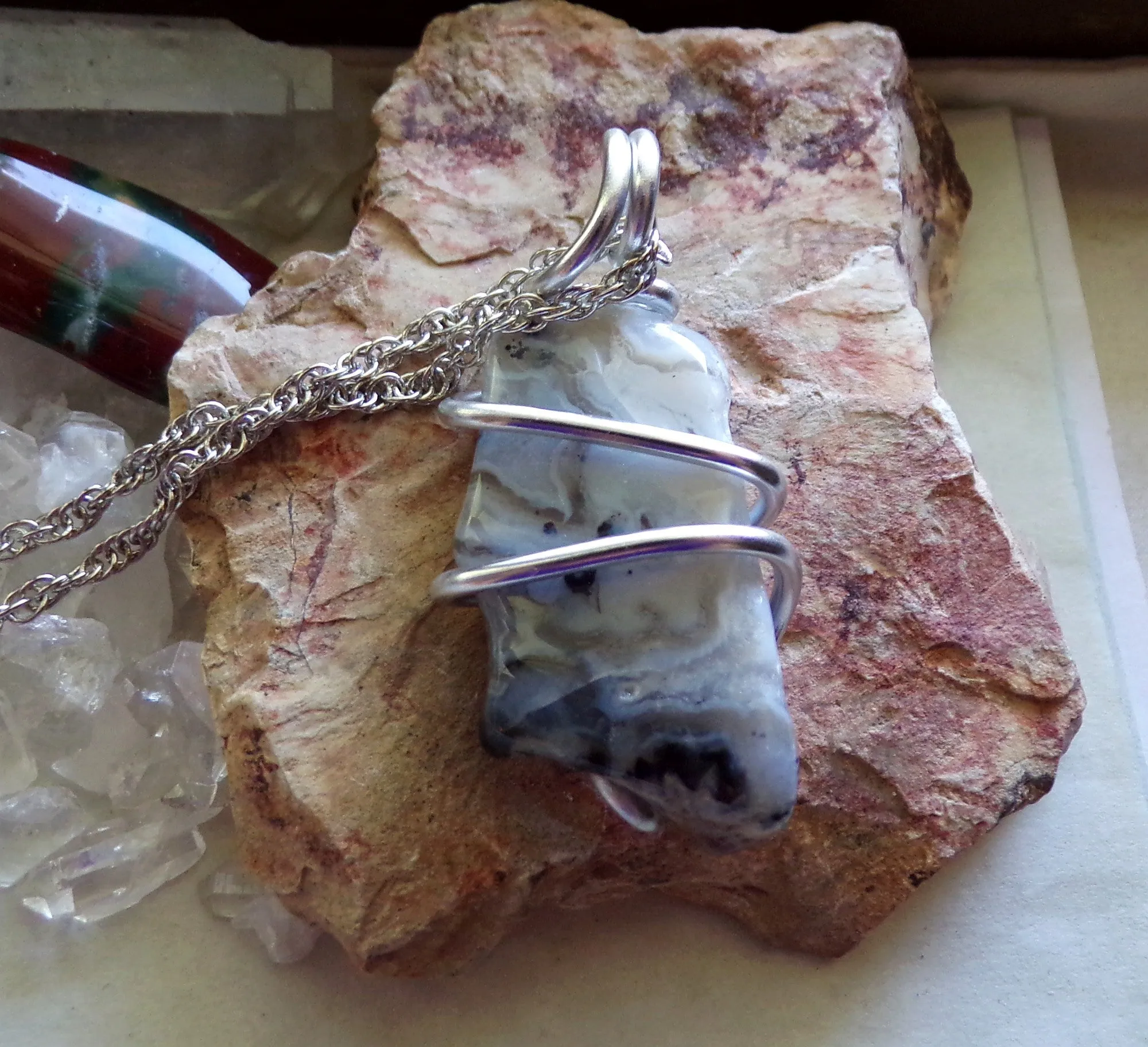 Natural Lace Agate Chalcedony Wire Wrapped Pendant Necklace