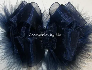 Navy Blue Organza Marabou Hair Bow