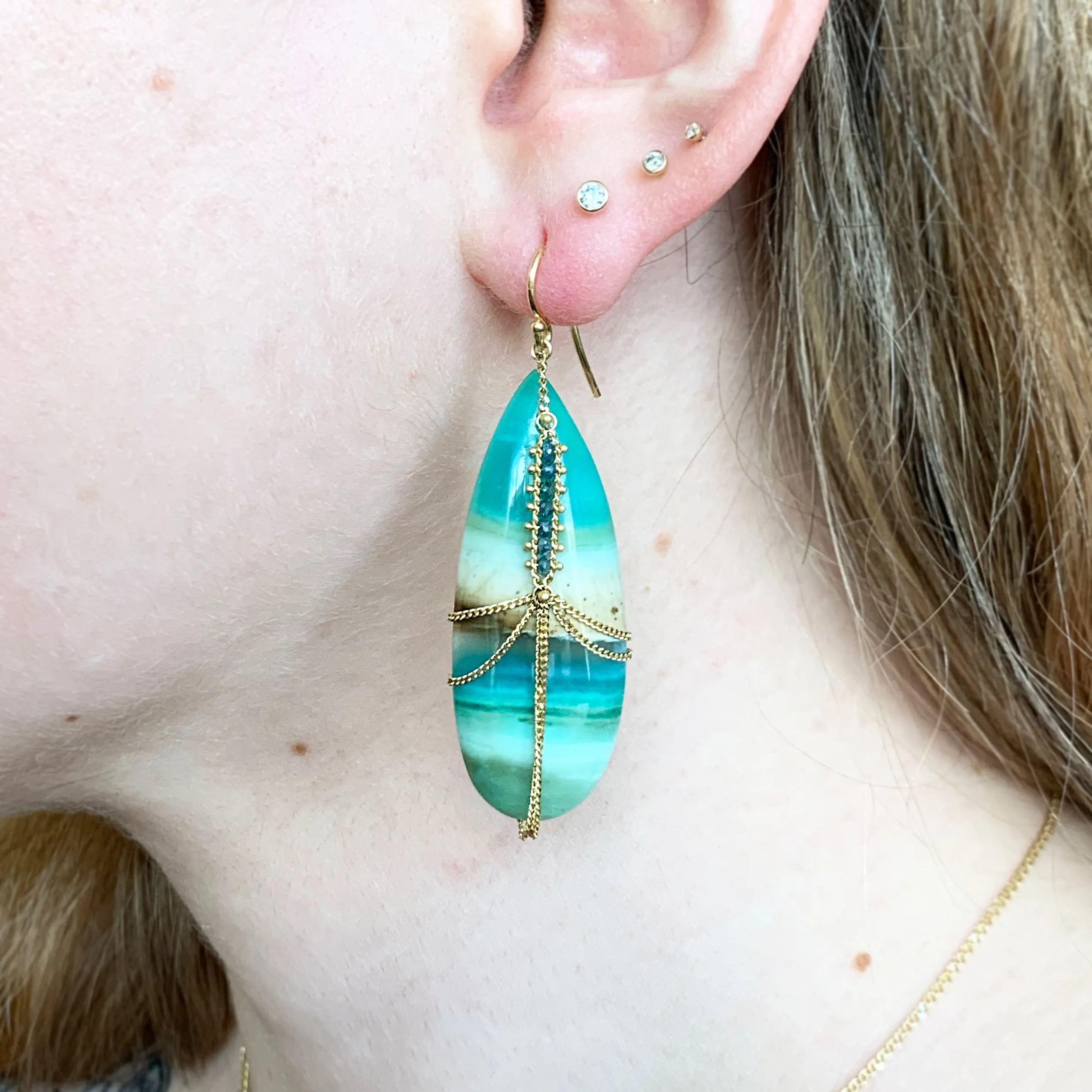 One-of-a-Kind Petrified Wood & Blue Opal Draped Earrings - "Sake"