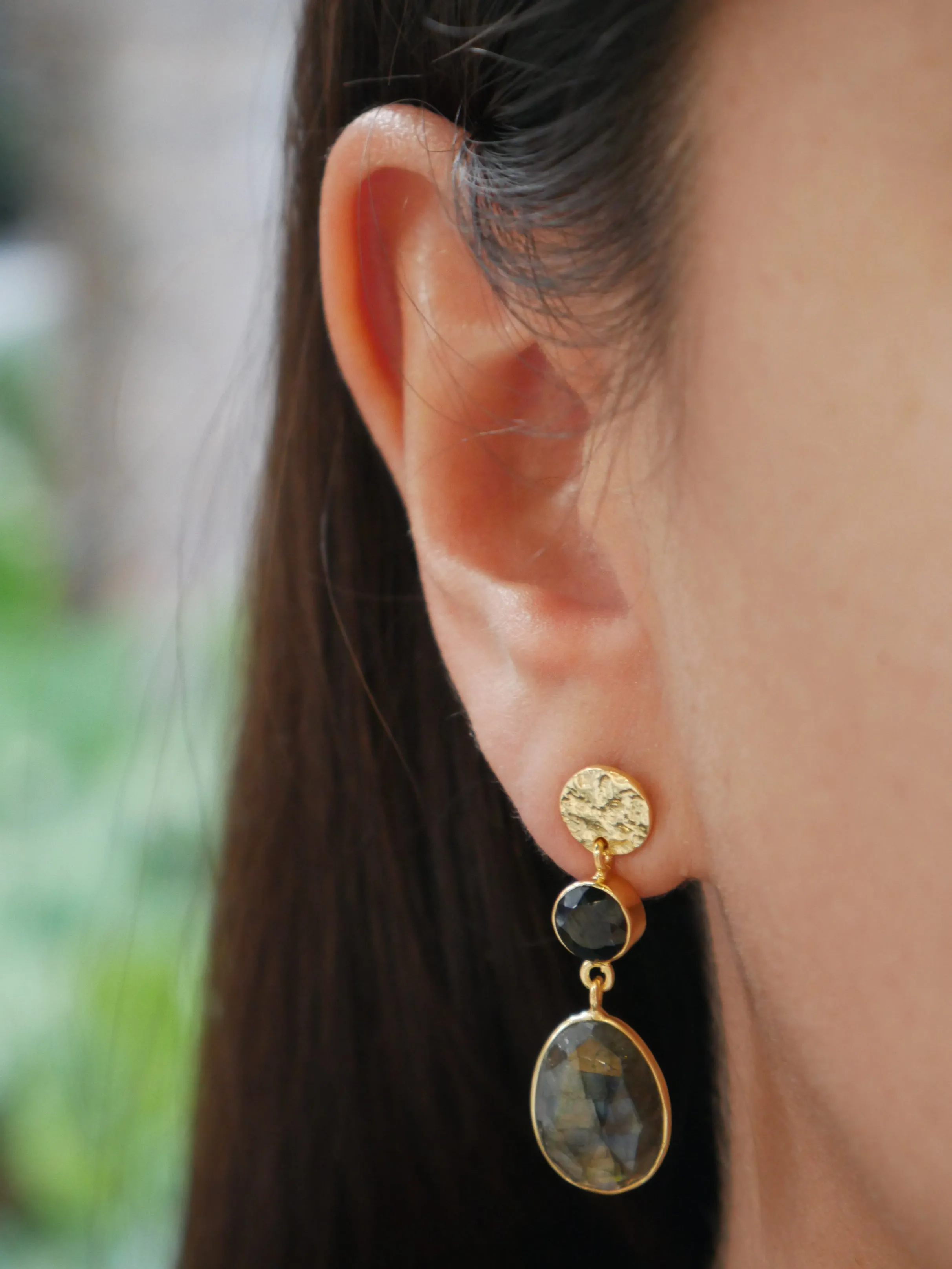 Onyx and Labradorite Gemstone Earrings 14k Gold Plated .925 Sterling Silver Hammered Top Statement Earrings