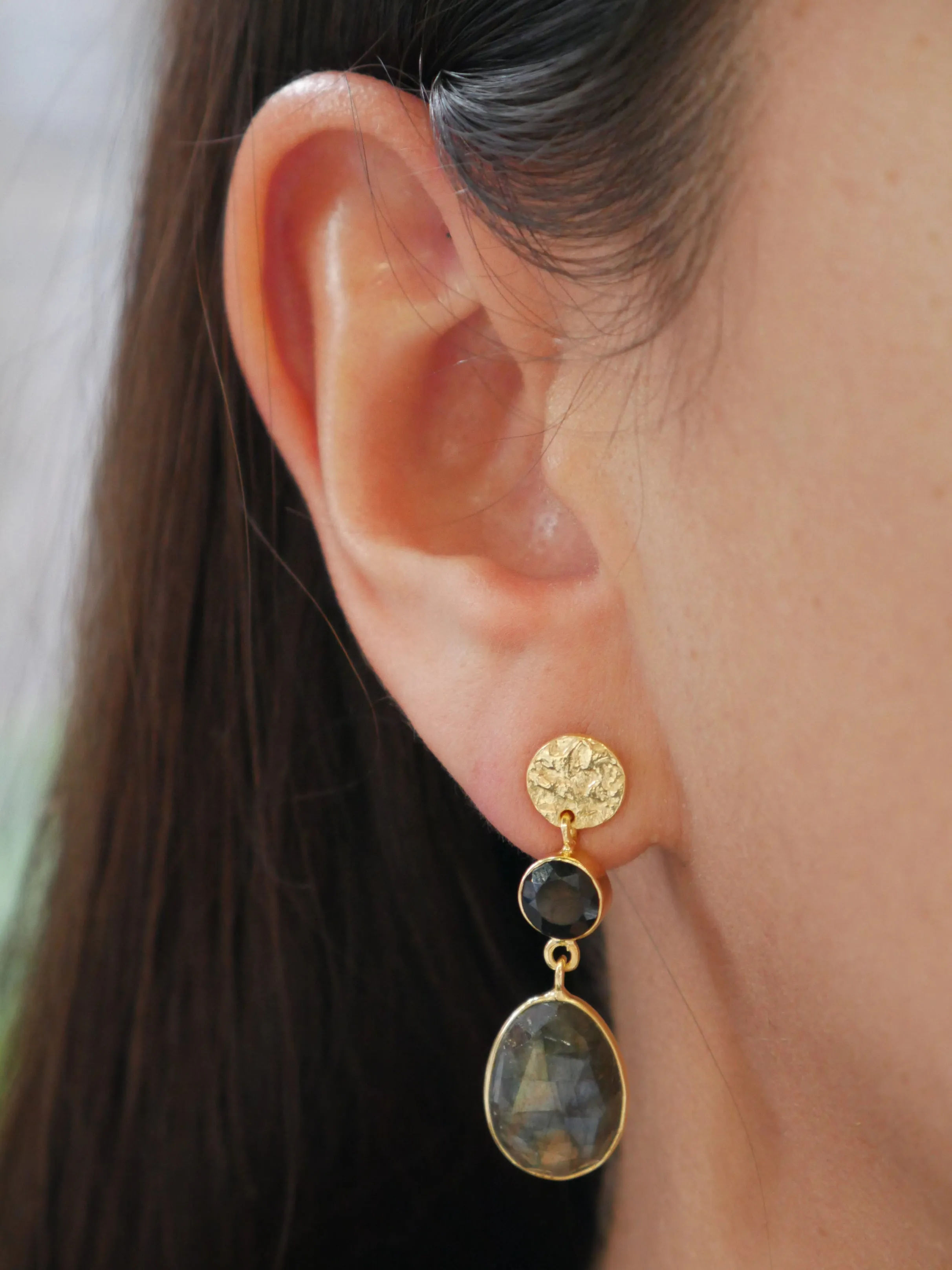 Onyx and Labradorite Gemstone Earrings 14k Gold Plated .925 Sterling Silver Hammered Top Statement Earrings