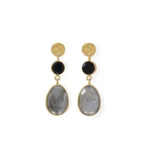 Onyx and Labradorite Gemstone Earrings 14k Gold Plated .925 Sterling Silver Hammered Top Statement Earrings