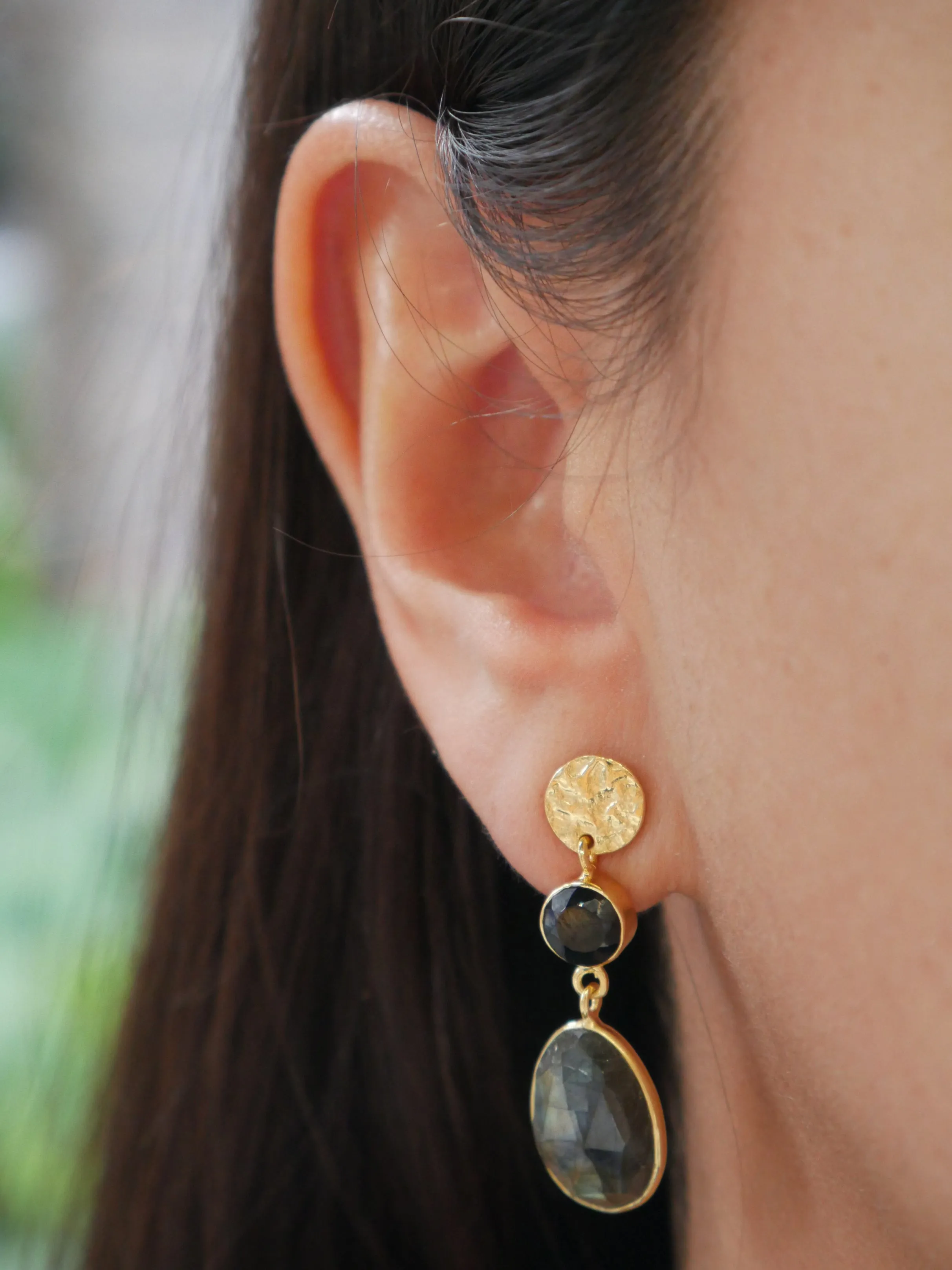 Onyx and Labradorite Gemstone Earrings 14k Gold Plated .925 Sterling Silver Hammered Top Statement Earrings