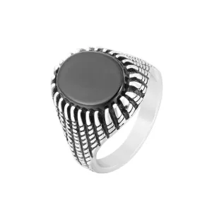 OVAL FLAT BLACK STONE GOTHIC STIPES SIGNET RING