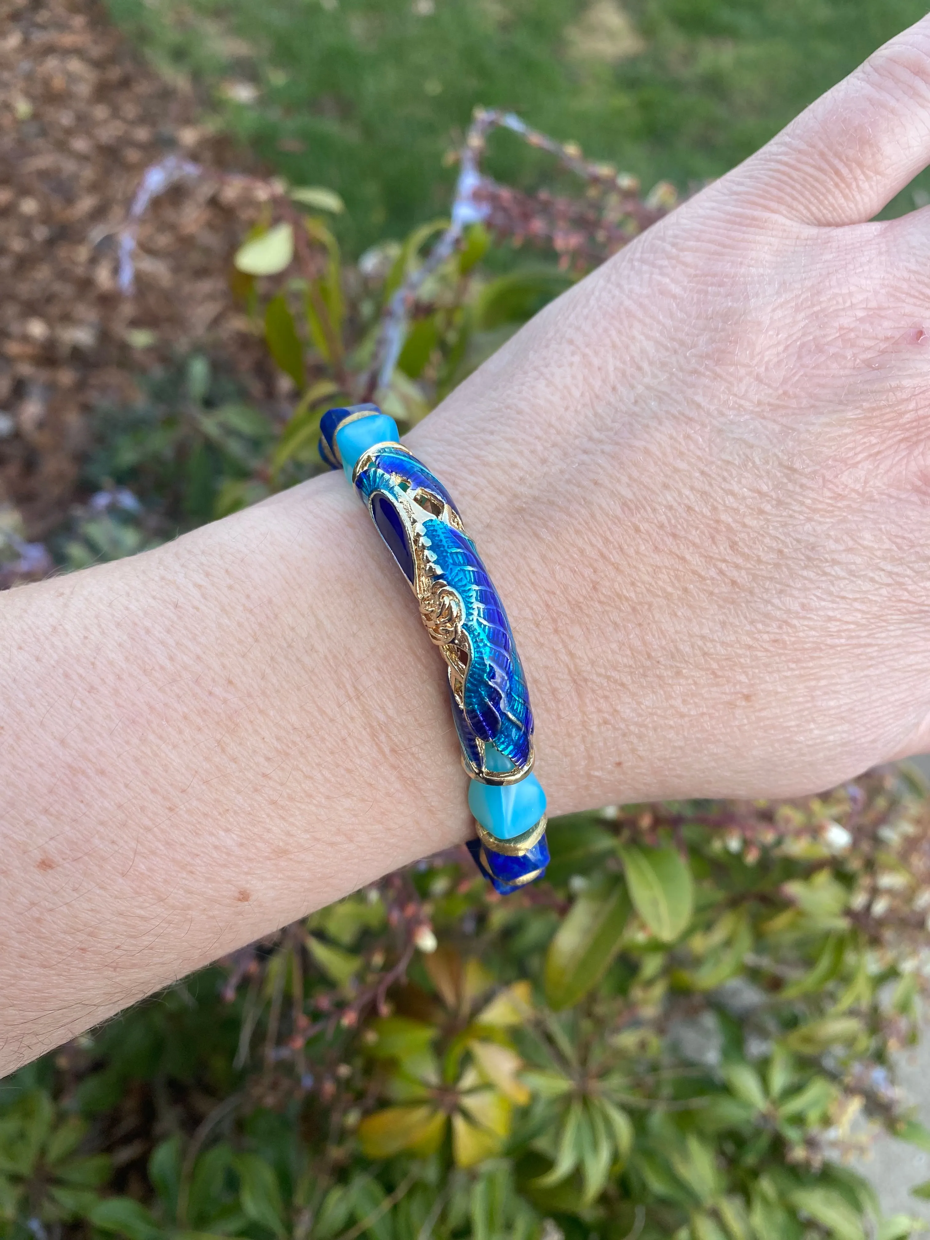 Peacock bracelet. Lapis lazuli stone,  enamel cuff, czech glass, bracelet, jewelry