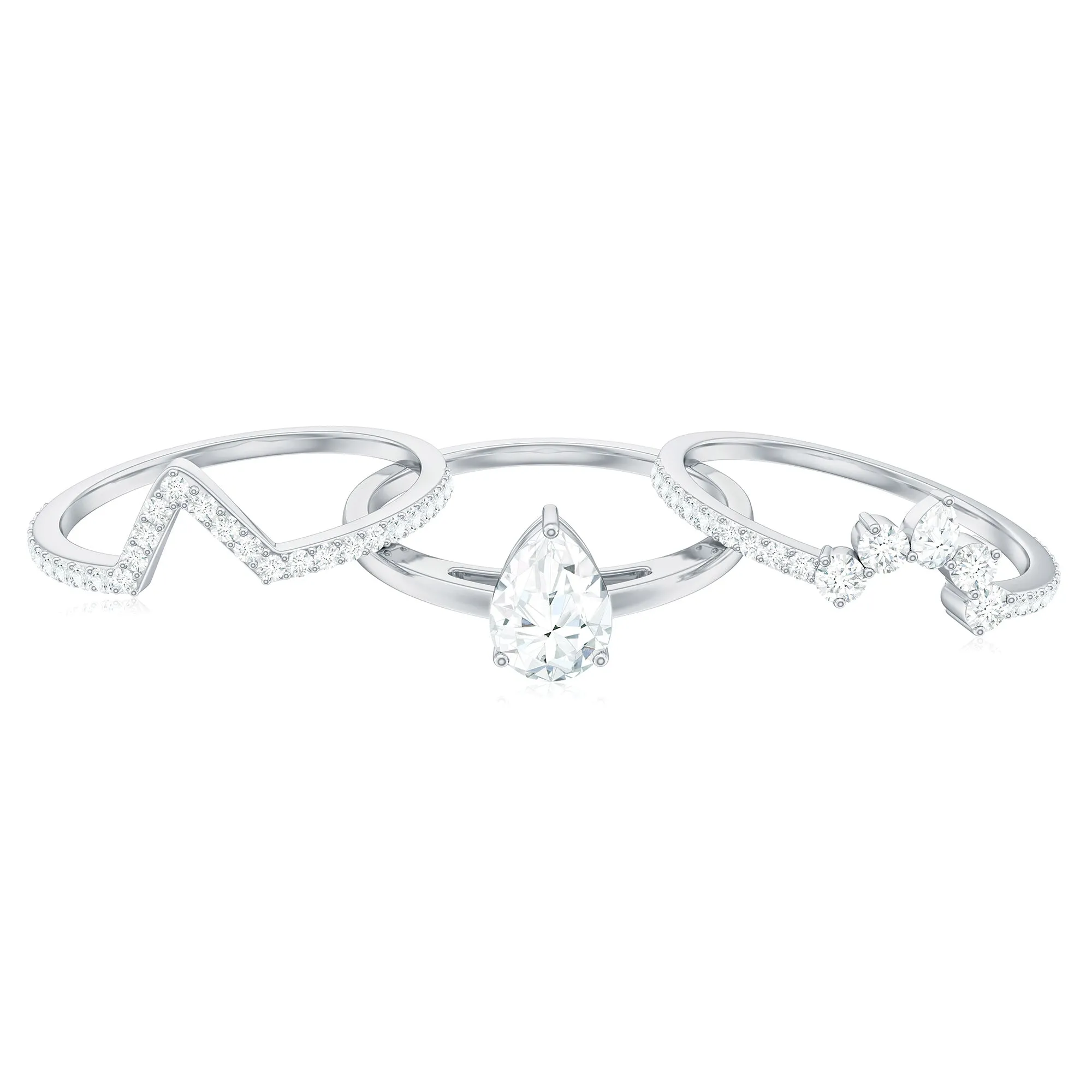 Pear and Round Shape Moissanite Trio Wedding Ring Set