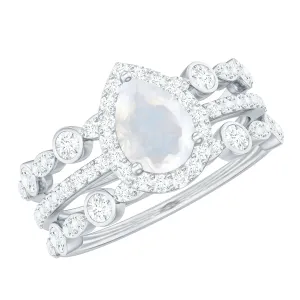 Pear Cut Moonstone Bridal Trio Ring Set with Moissanite Band