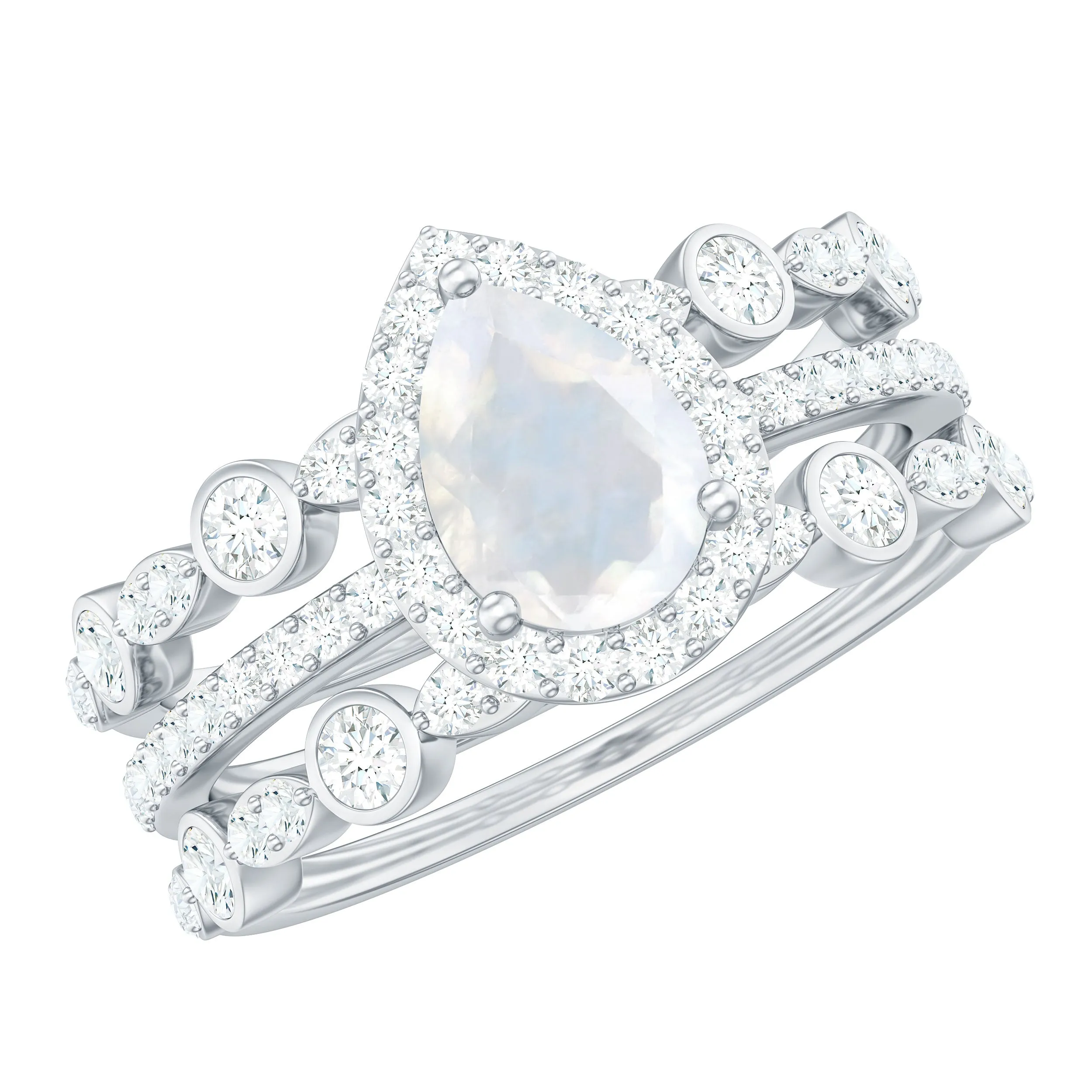 Pear Cut Moonstone Bridal Trio Ring Set with Moissanite Band