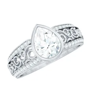 Pear Cut Solitaire Moissanite Two Tone Engagement Ring with Filigree Details