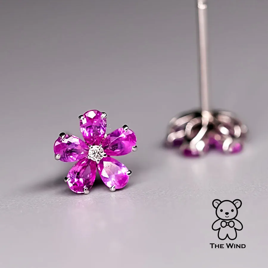 Pink Sapphire Diamond Sakura Cherry Blossom Flower Stud Earrings 18K Rose Gold