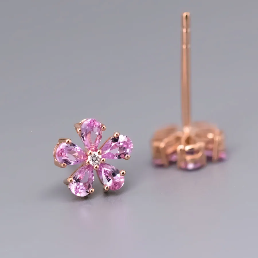 Pink Sapphire Diamond Sakura Cherry Blossom Flower Stud Earrings 18K Rose Gold