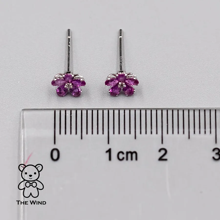 Pink Sapphire Diamond Sakura Cherry Blossom Flower Stud Earrings 18K Rose Gold