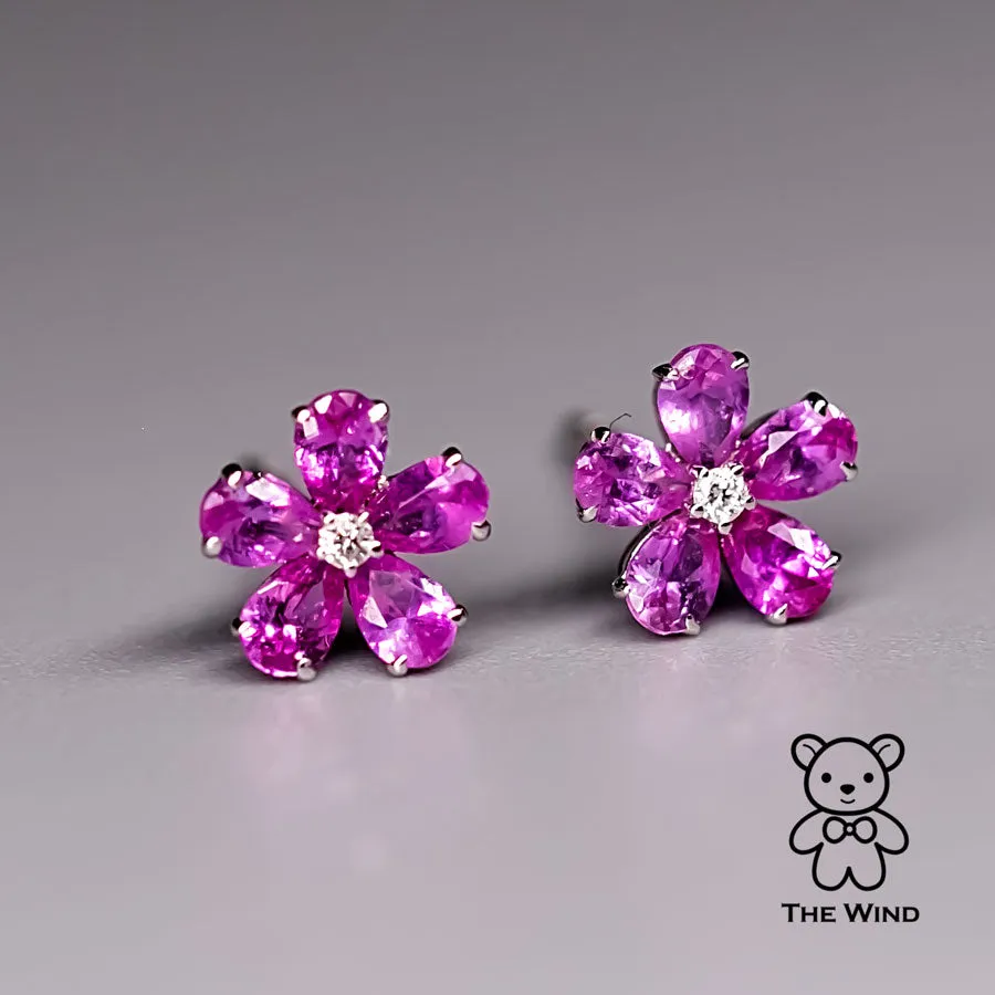 Pink Sapphire Diamond Sakura Cherry Blossom Flower Stud Earrings 18K Rose Gold