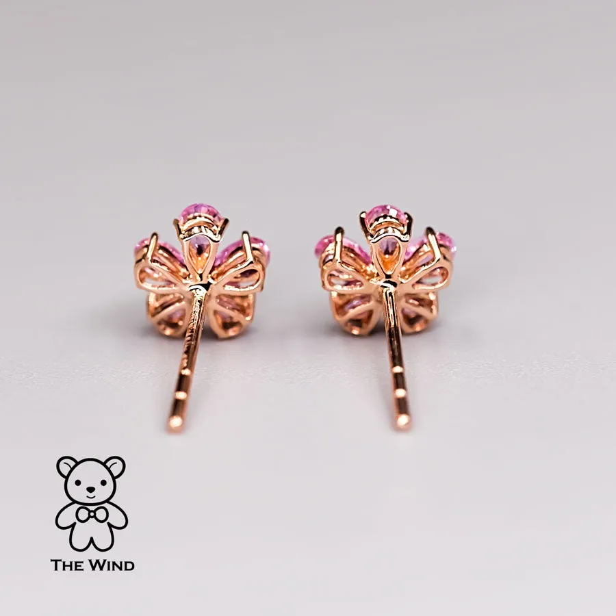 Pink Sapphire Diamond Sakura Cherry Blossom Flower Stud Earrings 18K Rose Gold