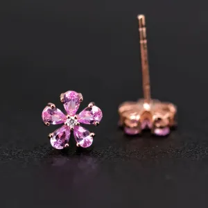 Pink Sapphire Diamond Sakura Cherry Blossom Flower Stud Earrings 18K Rose Gold