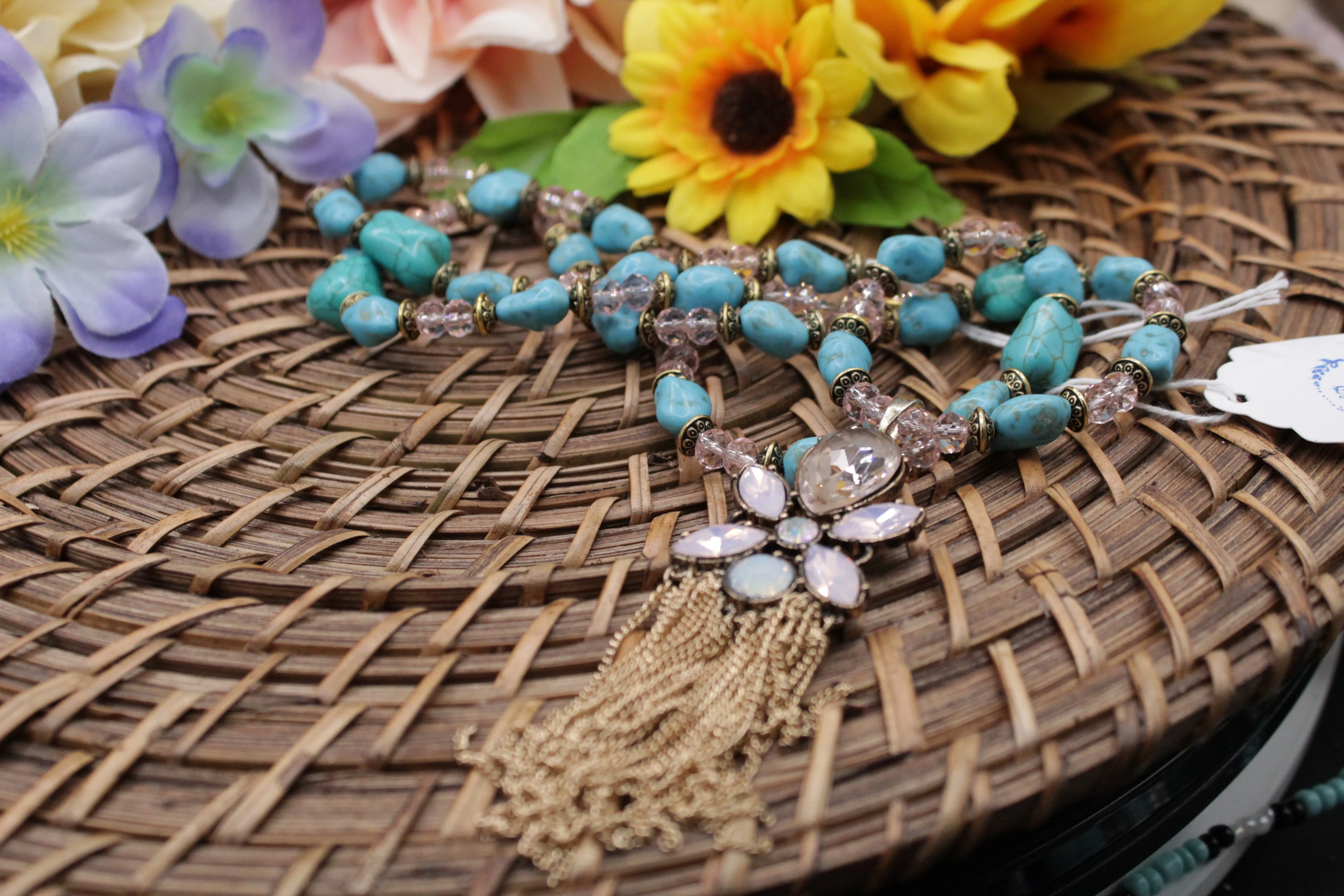 Pink tassel/turquoise necklace